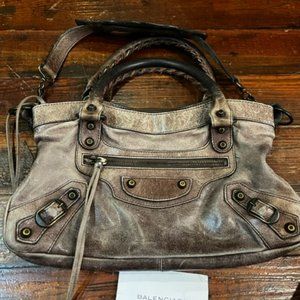 BALENCIAGA Motocross Classic First Bag w/ Strap - Brown Leather